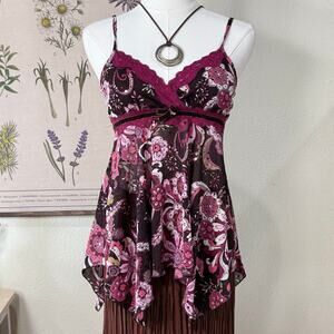 Vintage 90s Y2k Floral Mesh Asymmetric Fairy Hem Babydoll Top Whimsy Coquette XS